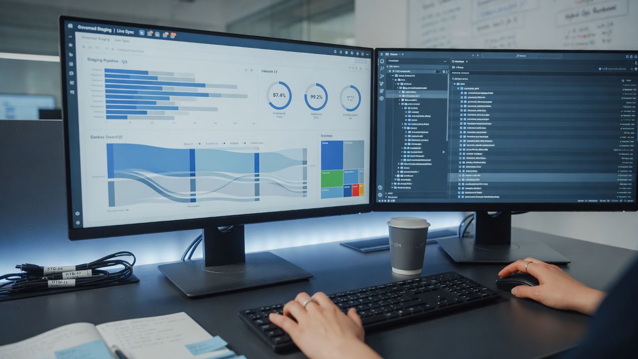 Data staging dashboards and project files on dual monitors