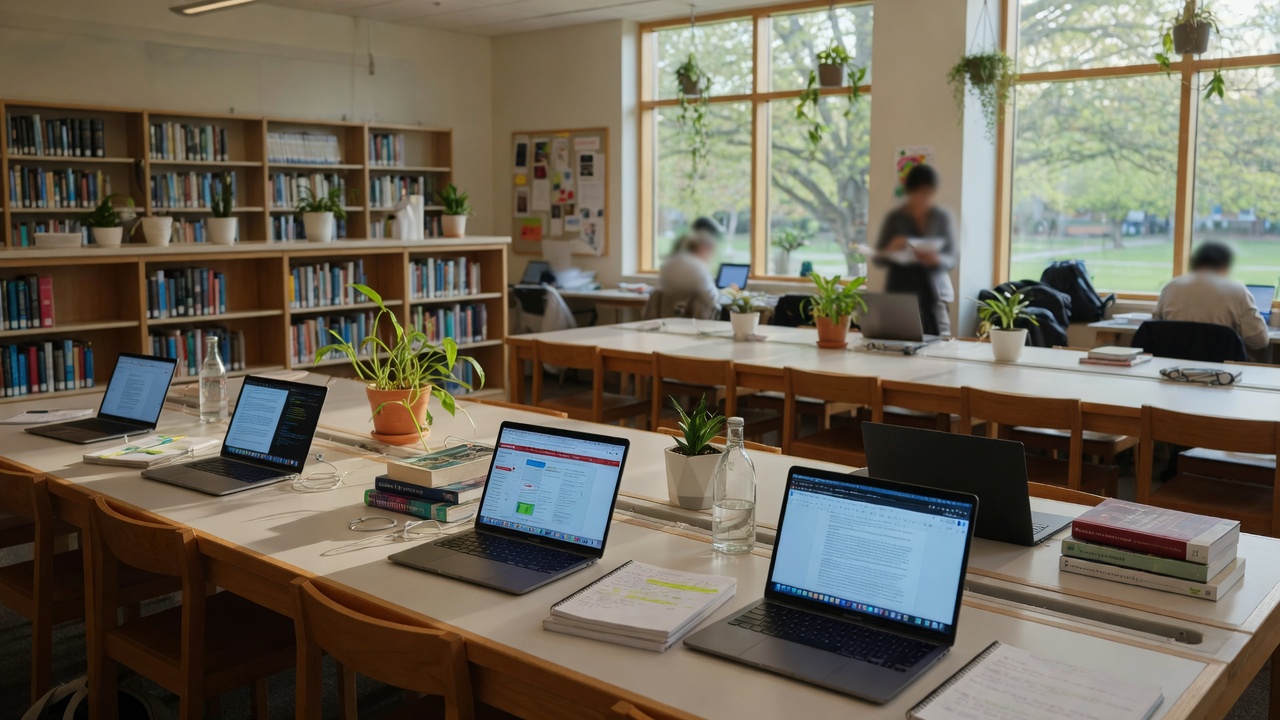 Campus study space with laptops for teaching and research