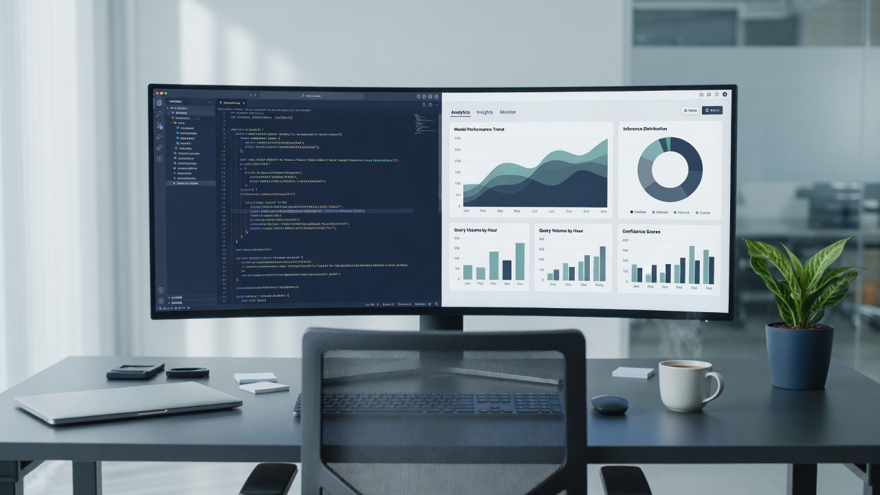 Developer workspace with IDE and analytics dashboards