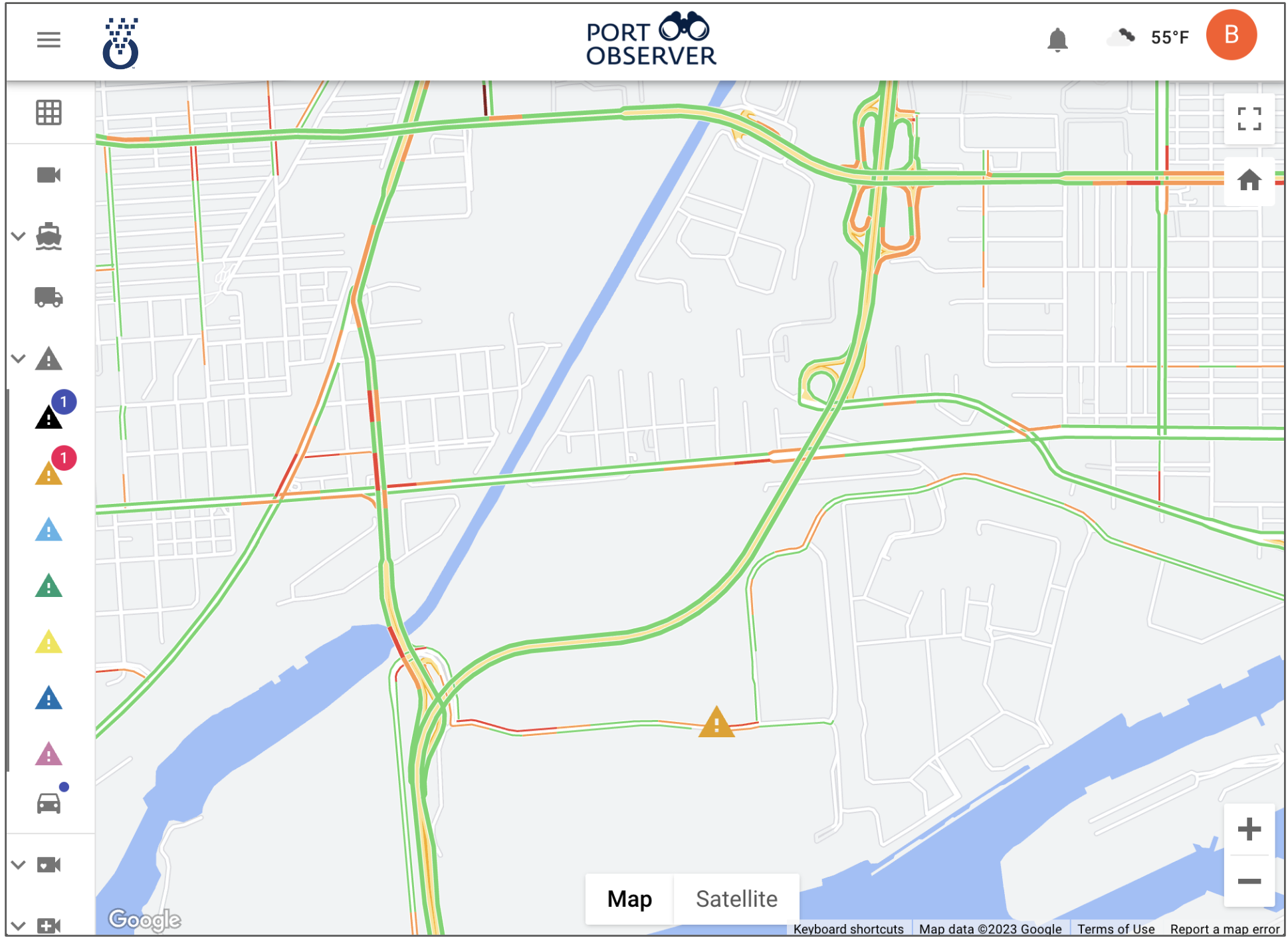 Live traffic alerts on a PortObserver map