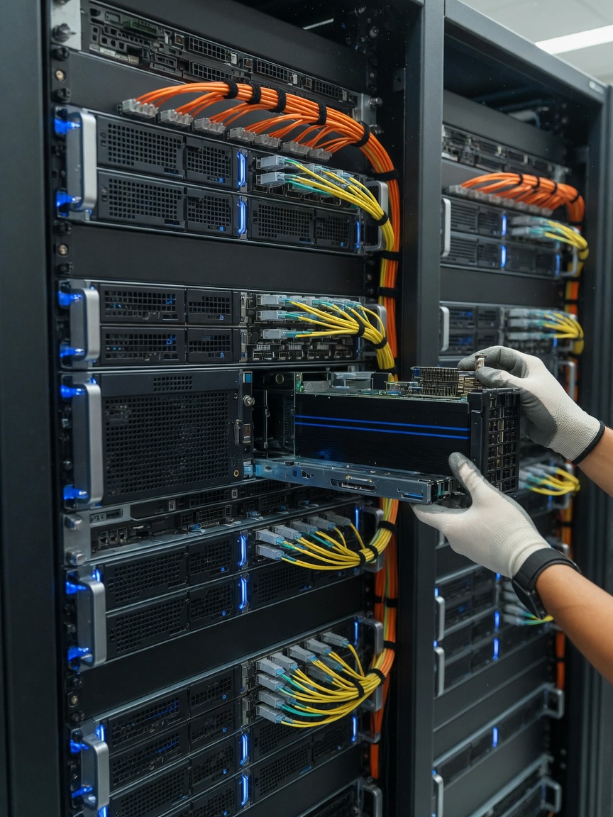 Hands installing a module in a dense enterprise GPU training rack