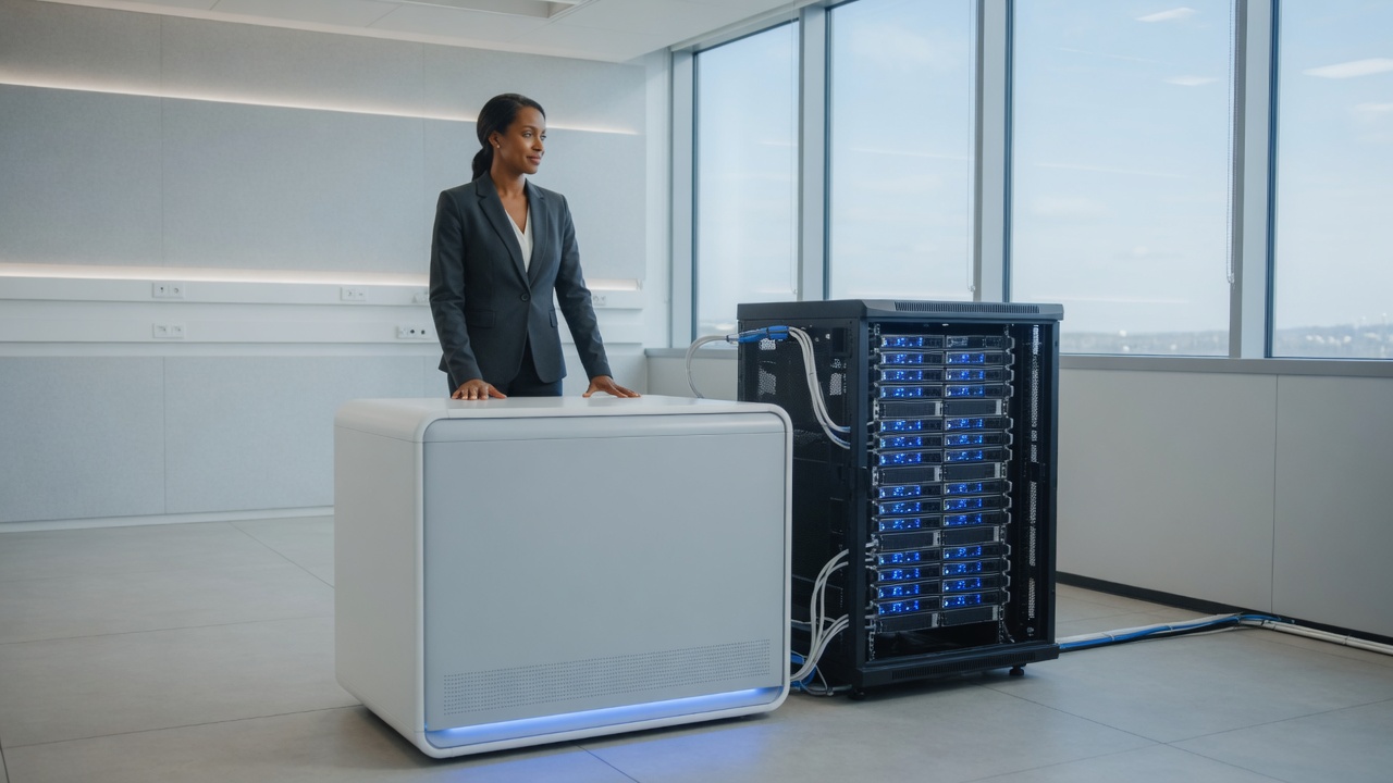 Engineer with a compact storage appliance beside an open enterprise rack