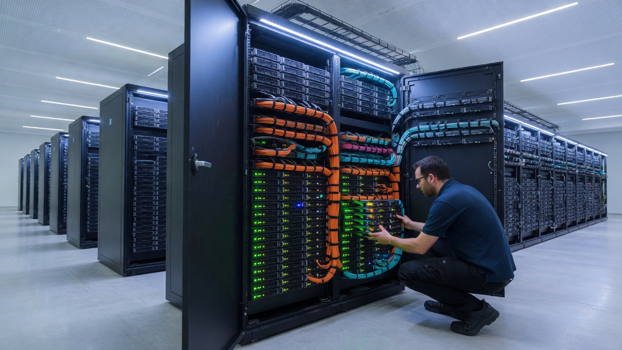 Systems engineer working inside an open rack in a production storage aisle