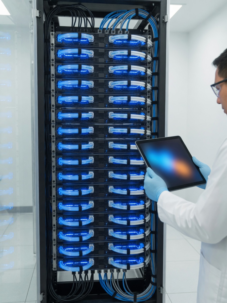 Modern GPU rack in a contemporary AI research computing room