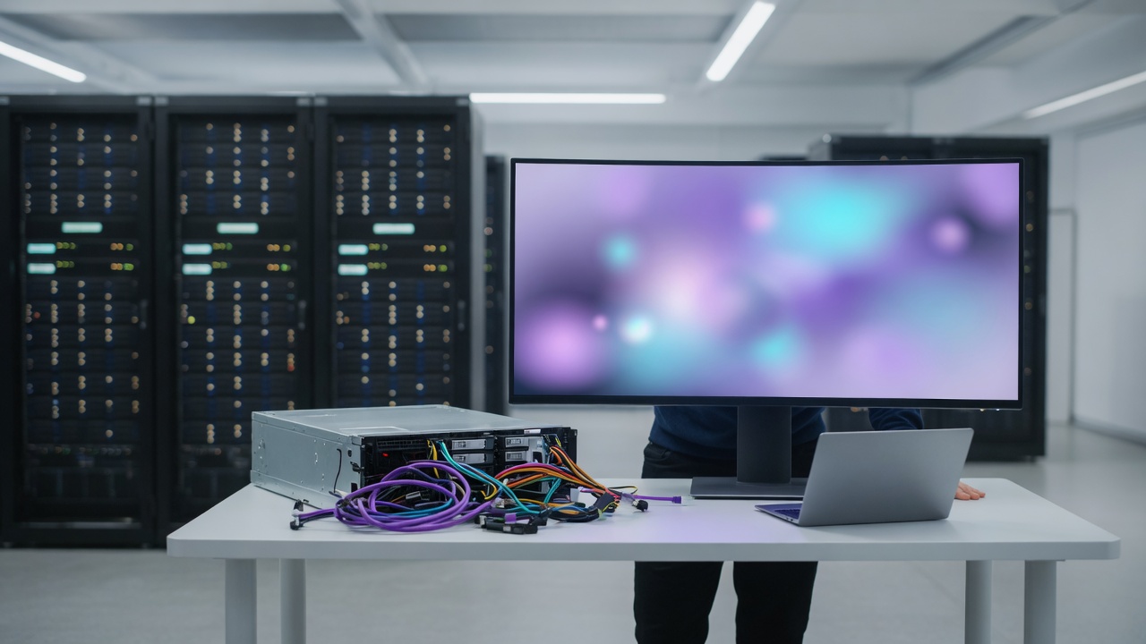 Researcher in a modern AI lab with GPU and storage infrastructure